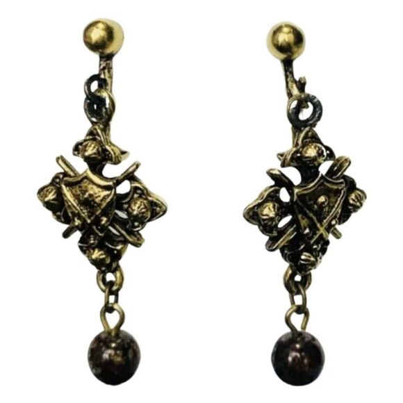 Vintage Gold Tone Brown Beaded Crest Clip On Drop Women’s Fancy Earrings - Picture 1 of 7